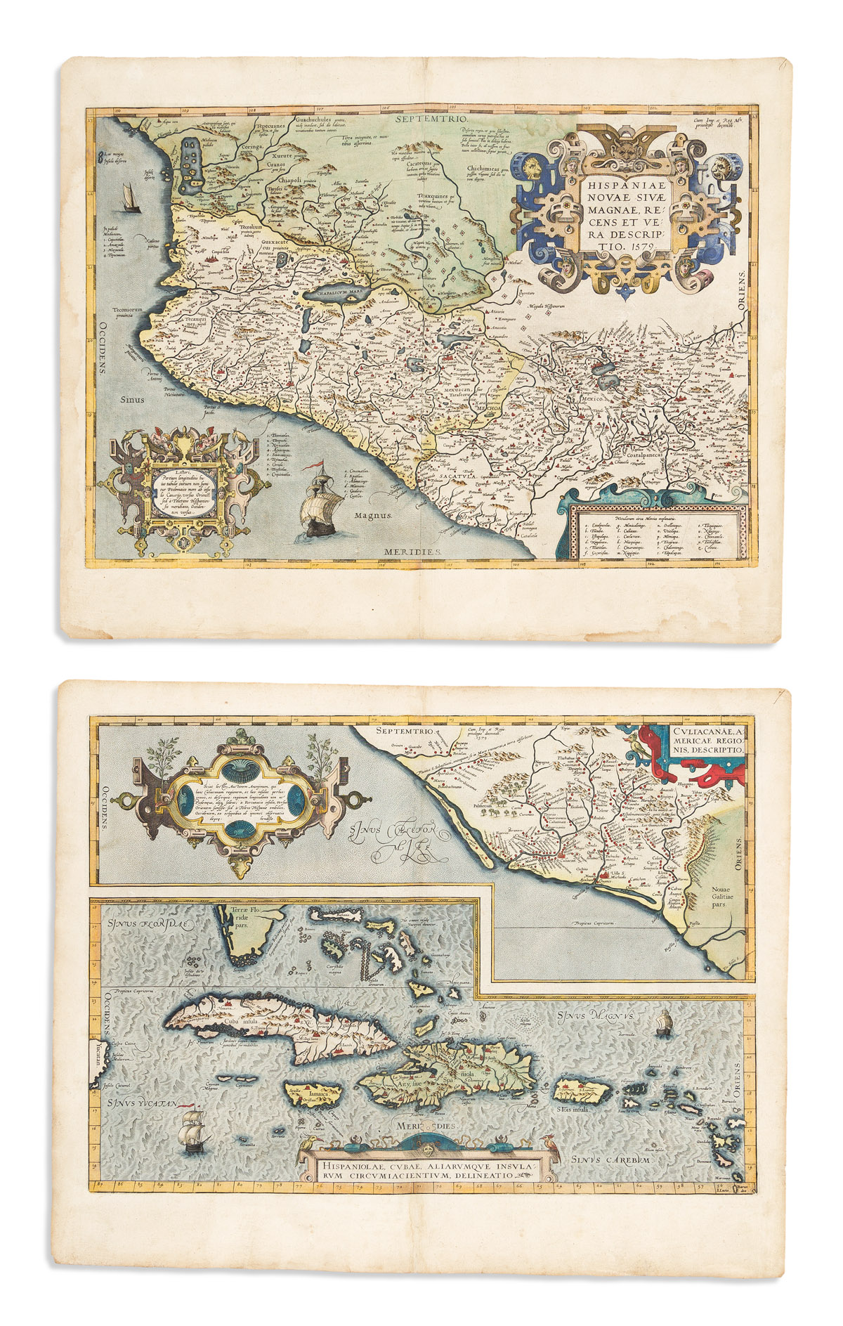 ORTELIUS, ABRAHAM. Two double-page engraved maps of Mexico and the Caribbean.